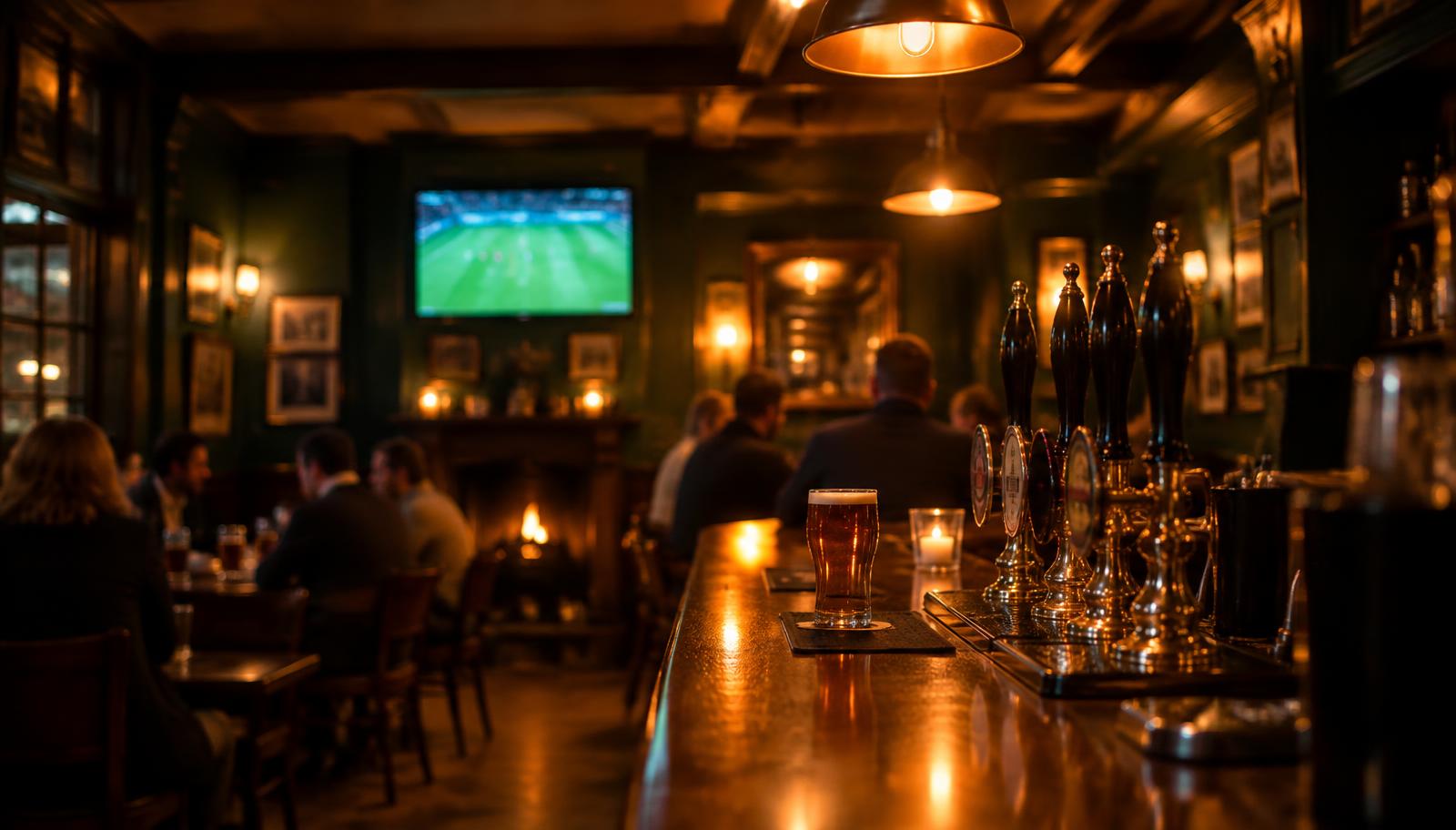 Cosy pub with football on screen